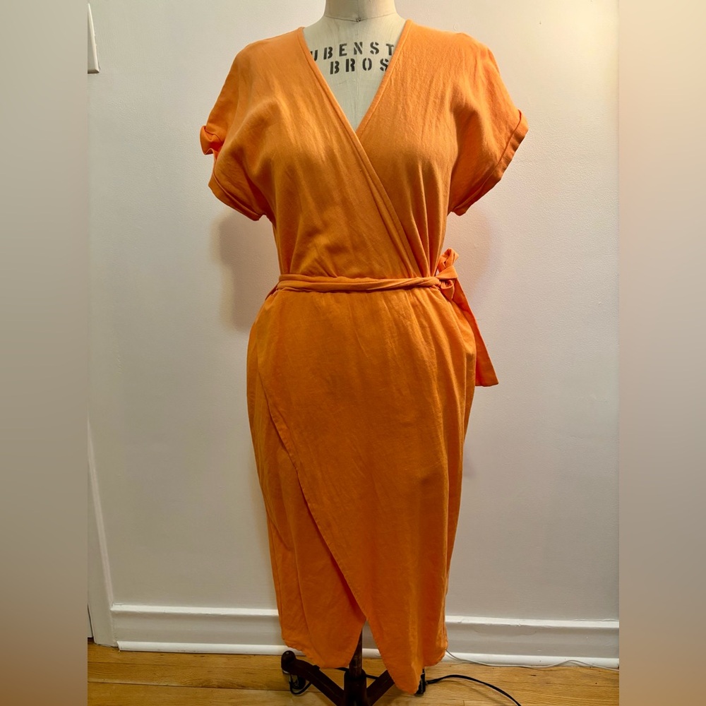 Martel 100% Linen Orange Wrap Dress
